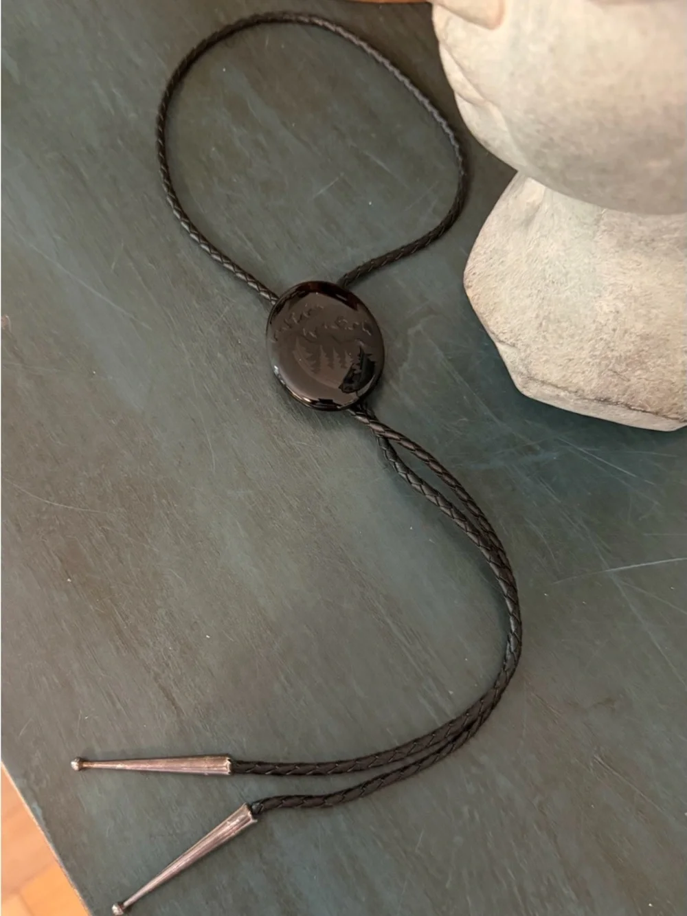 Vintage Bolo with Braided leather cord with silver colored metal tips
